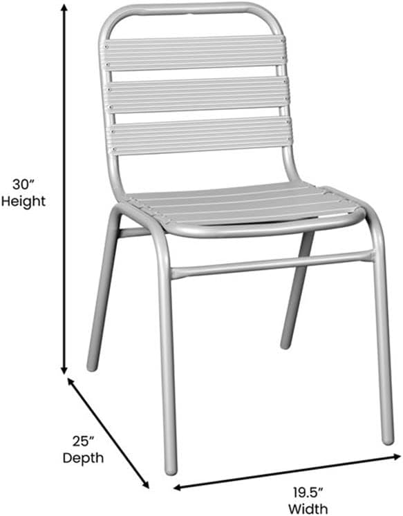 Pemberly Row Triple Slat Back Aluminum Stackable Restaurant Chair, Silver Finish, 30" H x 19.5" W x 25" D, Lightweight Durable Metal, Indoor Outdoor Use, Armless Design for Patio or Bistro Seating