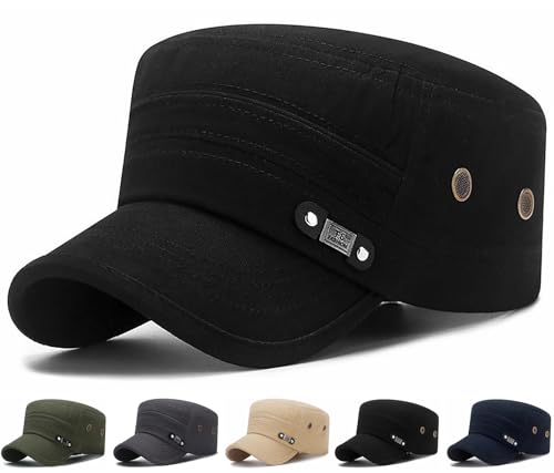 Initlove Cadet Army Cap for Men Unisex Military Flat Top Hat A Black