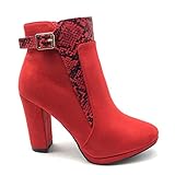  Angkorly - Zapatillas Moda Botines Botas Biker Motociclistas Sexy Glam Rock Mujer Efecto Piel de Serpiente pitón Hebilla Tacón Ancho Alto 10 CM - Rojo FB-113 T 38