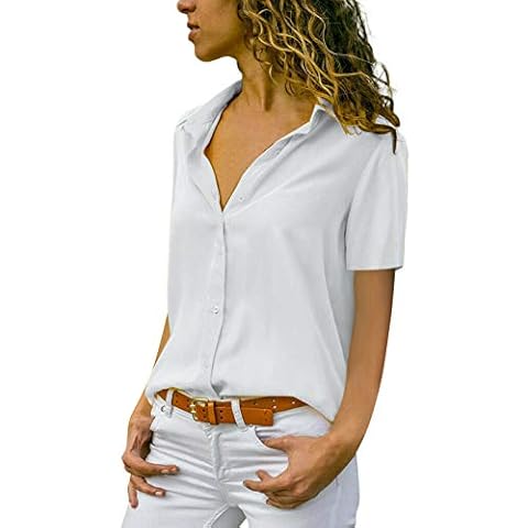 ASKSA Women's Blouse Chiffon Elegant Long Sleeve Tops Plain V-Neck Loose Shirt Blouse T-Shirt Tops, Z-white, XL Cover