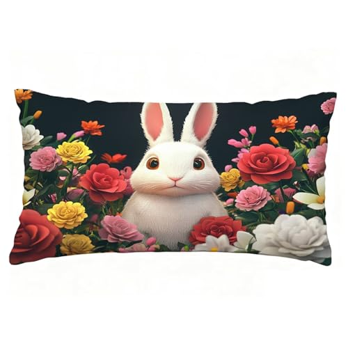 Funda Cojin 50x70 cm Juego de 1 Funda Almohada Conejo, Lino Cojines para Sofa Impresión de Doble Cara Rectangular Cojines Decorativos con Cremallera Invisible, Cama Home Decoration (Negro) T9-641