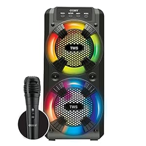 Coby True Wireless Speaker, 12-HR Rechargeable Portable Speaker, Multicolor LED Lights, USB, FM Radio, TF Card, 3.5mm AUX, Carry Handle & Mic