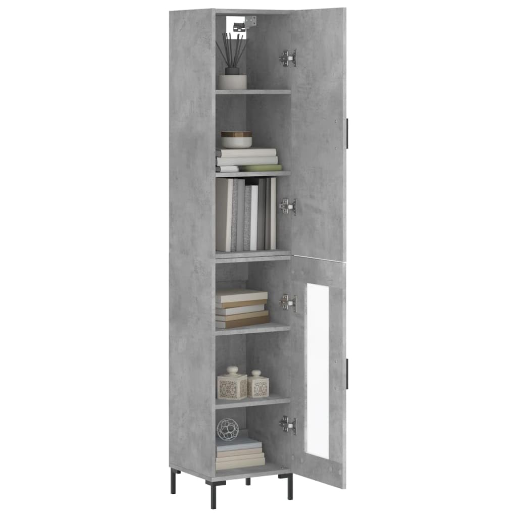 Kredens ze sklejki betonowej szarej wysokiej kredensu z metalowymi drzwiami i nogami do organizacji domu 34,5x34x180 cm