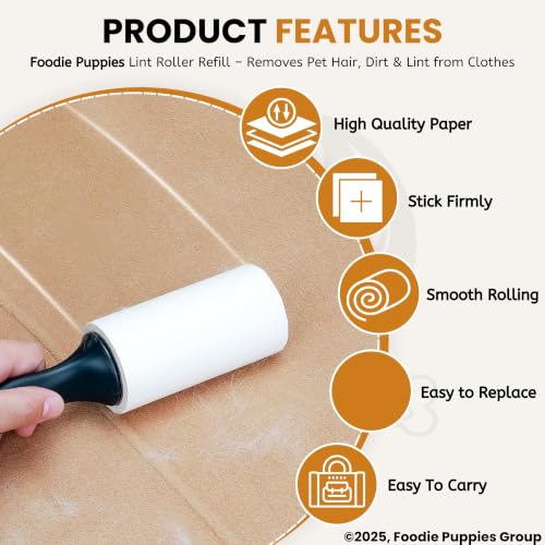 Image of Foodie Puppies Pet Hair Remover Lint Roller Refills Extra Sticky Lint Roller Refills Only, 60 Sheets per Roller, Remove Dog and Cat Hair from Clothes, Furniture