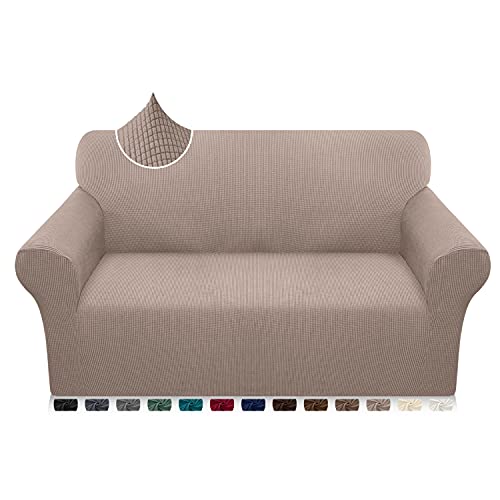 Earnmore High Stretch Sofa Covers 2 Seater Super Soft Loveseat Cover Upgraded Modern Sofa Slipcover for Dogs Pets Non Slip Furniture Protector with Elastic Bottom Machine Washable (2 Seater, Sand)