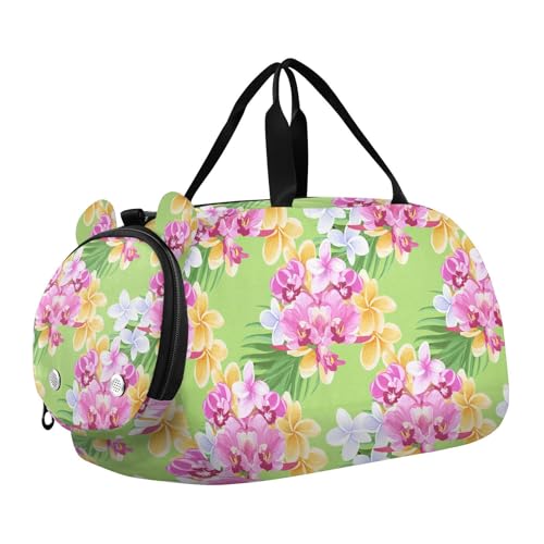 Orchid Plumerias Fronds Floral Kids Travel Duffel Bag for Boys Girls Overnight Weekend Tote Bag with Shoes Compartment for Trip Beach Gym