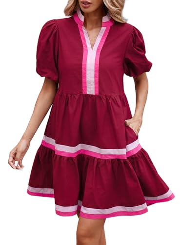 Image of LifeShe Womens Puff Sleeve Babydoll Dress V Neck Navy Blue Striped Color Block Tiered Mini Dresses