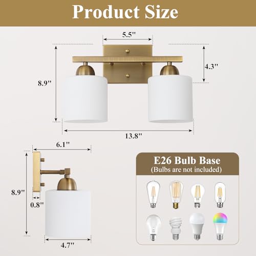 Image of Mecgirn Milk Glass Vanity Lights for Bathroom, 2 Light Antique Matte Brass Bathroom Vanity Light Fixtures Over Mirror, Ceramic E26 Sockets Wall Mounted