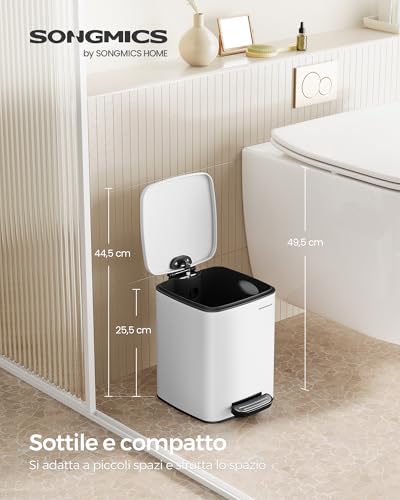 SONGMICS Pattumiera da Bagno, Cestino della Spazzatura Compatto da 6 L, Cestino a Pedale, per Piccolo Spazio, con Coperchio a Chiusura Morbida, in Acciaio, Bianco LTB590W0602 - Immagine 1