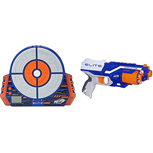 NERF Elite Digital Target Blue/Orange & Disruptor Elite Blaster -- 6-Dart Rotating Drum, Slam Fire, Includes 6 Official Elite Darts -- for Kids, Teens, Adults (Amazon Exclusive)