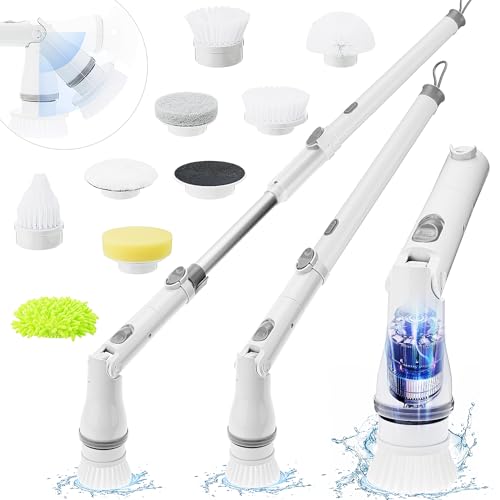 Senprity Electric Spin Scrubber, Cordless Cleaning Brush with 6 Replaceable Brush Heads Shower Scrubber with 5 Modes and Adjustable Extension Handle Power Scrubber for Bathroom Kitchen (White)