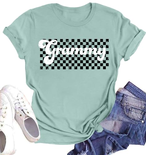 Grandma Shirts for Women Checkered Gigi Graphic Tops Cute Grammy T-Shirt Mother's Day Short Sleeve Tee Shirts(LightGreen,X-Large)