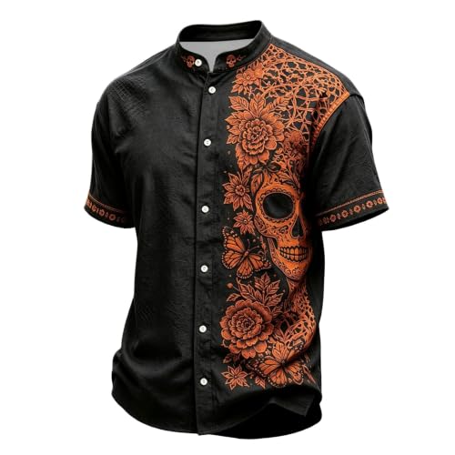 Halloween Button Down Shirts for Men Fun Skeleton Printed Casual Short Sleeve Stand Collar Novelty Shirt 2026 - image 4