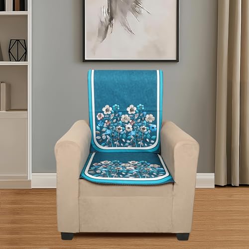 Image of Velvet 3 Seater Sofa Cover with 6 Seat and Back Covers - Floral Design - Washable Fabric - Stylish Sofa Cover for Modern Living Room (Aqua, 3 Seater Without Arm Cover)