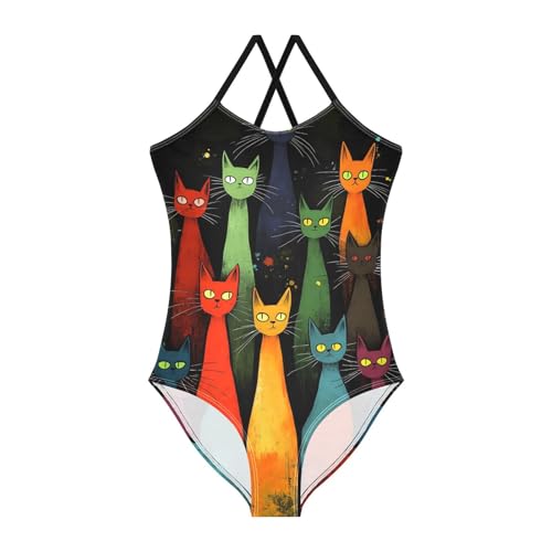 Colorful Cats Black Girl Bathing Suits 3-10T Summer Swimsuits Girls, Beach Swimwear