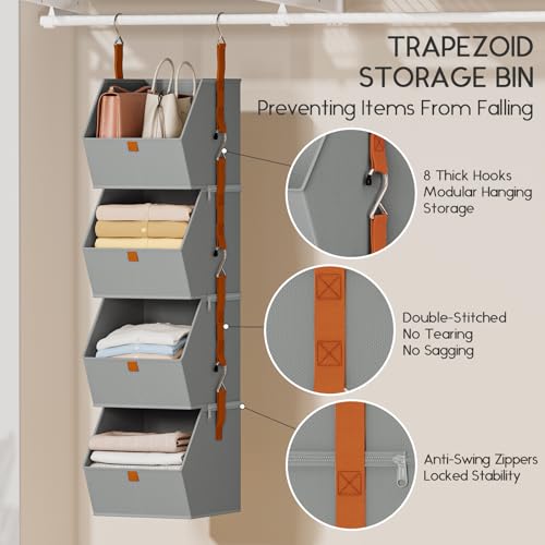 Hanging Closet Organizer 4 Tier - Clothes Hanging Shelves, Space-Saving Closet System, Fabric Storage Bins Bedroom Organization, Collapsible Baskets for Home, Dorm, Rv, Grey, 2 Pack - Image 5