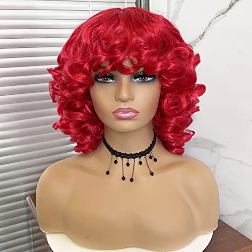 Red Wig Short Curly Wigs for Black Women Black Kinky Curly Afro Wig with Bangs Ombre Brown Synthetic Hair Replacement Wigs for African American (RED)