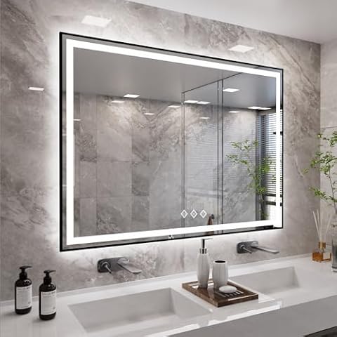 VanPokins LED Bathroom Mirror, 55x36 Inch Black Framed Gradient Front and Backlit LED Mirror for Bathroom, 3 Colors Dimmable CRI>90, Enhanced Anti-Fog Wall Mounted Smart Mirror Cover