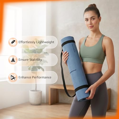 Image of Amazon Basics TPE Yoga & Exercise Mat with Carrying Strap | 4 mm Thick | Non-Slip Grippy Surface | Lightweight Eco-Friendly Rubber-Like Material | Floor Protection | Ideal for Yoga, Pilates, Stretching & Fitness | 183 x 61 cm | Dark Blue & Light Blue