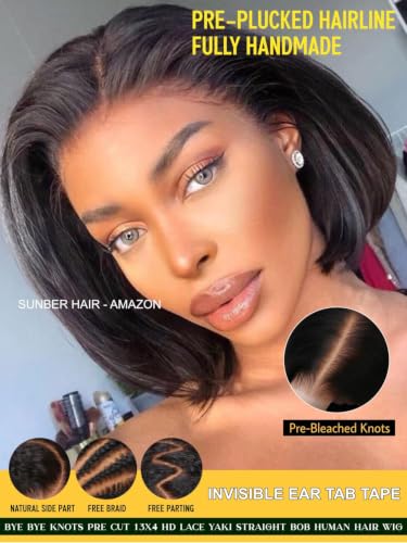 Image of Sunber Bye Bye Knots Yaki Straight Bob Human Hair Wigs Pre Cut 7x5 HD Lace Front Glueless Wig with Elastic Drawstring Put and Go Pre Plucked Bleached Invisible Knots Pre Everything Yaki Bob 12Inch