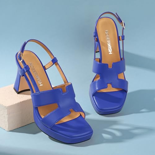 Image of ROSERWISH Womens Platform Heeled Sandals, Open Square Toe Chunky Heels, Strappy Sandals for Women, Leather Insole Dress Shoes for Prom Weeding Bride Party 3.5 inch