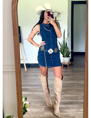 Image of Daacee Women's Sleeveless Denim Mini Dress Sleeveless Waist Tucks Zipper Short Tank Jean Dresses Concert Outfits
