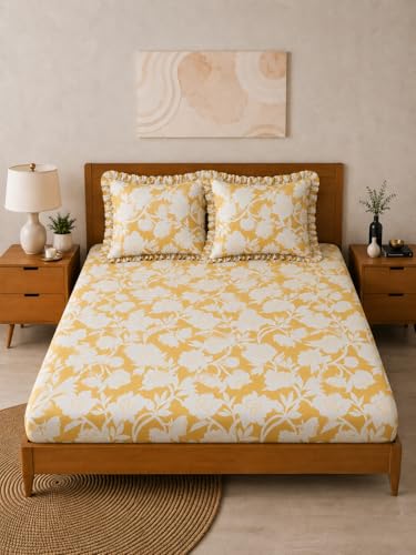 Image of 380 TC Premium Glace Cotton Elastic Fitted Bedsheet King Size with 2 Pillow Covers King Size | Double Bed with All Around Elastic (Yellow Floral, Fitted - Double72x72)