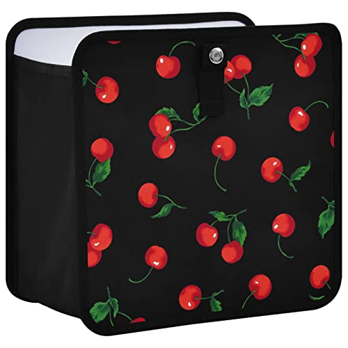 Image of Cherry Black Car Trash Can, Foldable Hanging Car Trash Bag, Watercolor Fruit Leaves Small Waterproof Car Accessories Garbage Bin