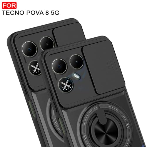 Image of AESTMO Tecno Pova 8 5G Back Cover | Armor Camera Slider 360 Degree Rotating Finger Ring Holder Case with Bracket Stand Back Case Cover (Compatible with MagSafe Accessories) (Black)