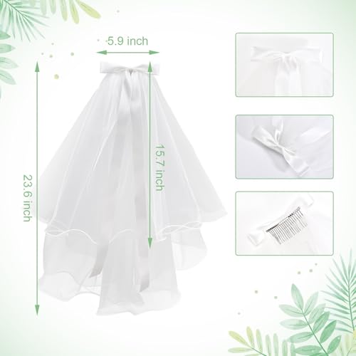 Vividsun 3 Pcs First Communion Veils Set for Girls Bow Gloves Lace Veils Communion Hair Accessories2