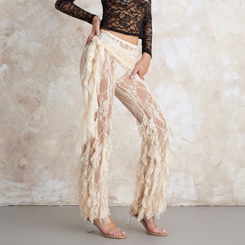 Women's Summer Lace Pants Irregular Ruffle Sheer Lace Floral Party Trousers4
