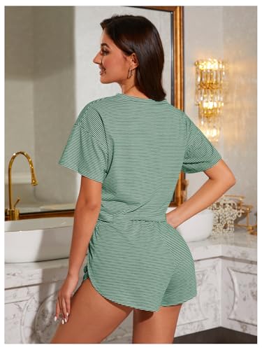 Image of OYOANGLE 2 Pack Pajama for Woman Set Summer Cute PJ Sets Striped Short Sleeve Tshirt and Split Shorts Lounge Set