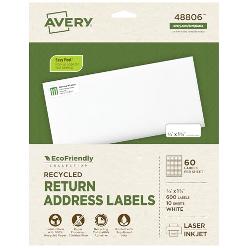 Avery EcoFriendly Recycled Address Labels, 2/3" x 1-3/4", Matte White, Permanent Adhesive, Laser & Inkjet Printers, 600 Total, Great for Mailing Labels, Product Merchandising, and More (48806)