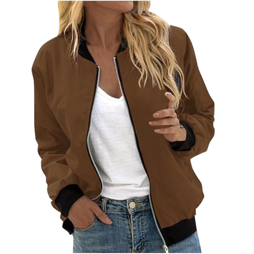 EMATOP Bomberjacke Damen Casual Langarm College Jacke Leichte Elegant Fliegerjacke Einfarbig Bequem Pilotenjacke Zip Up Übergangsjacke mit Taschen Sportjacke Locker Lässig Bikerjacke Outwear
