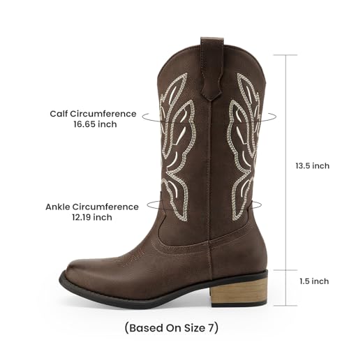 Athlefit Cowboy Cowgirl Boots for Women Mid Calf Square Toe Comfortable Slip On Chunky Low Heel Embroidery Mid Calf Boots Dark Brown Size 9,SAMB2605W — view 6
