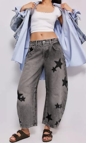 loveimgs Women's Mid Rise Barrel Jeans Wide Leg Baggy Printed Loose Y2k Boyfriend Denim Pants Horseshoe Jeans2