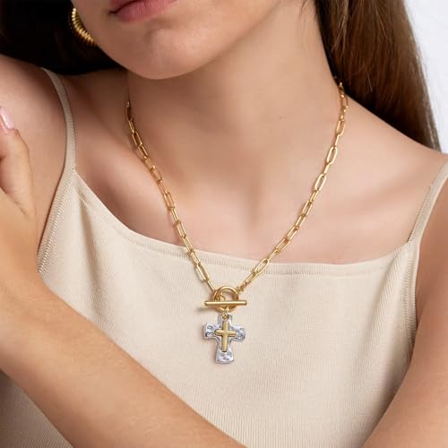 Chunky Hammered Cross Necklace for Women Men - Mixed Metal Religious Christian Statement Cross Pendant Jewelry Gift for Her2