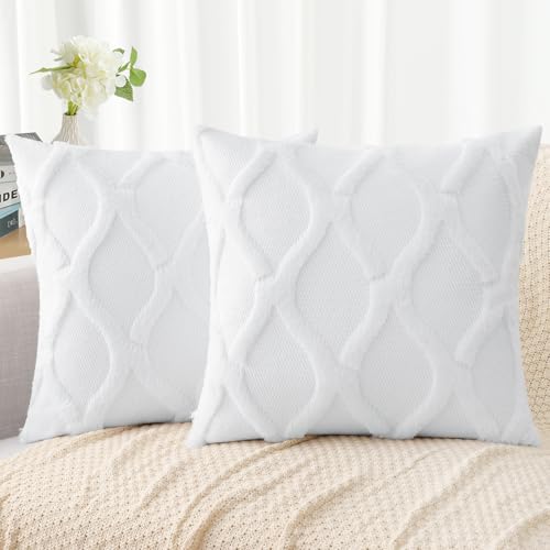 decorUhome Throw Pillow Covers 16x16 Inch Set of 2, Soft Plush Faux Fur Wool Pure White Couch Pillow Covers, Decorative Neutral Pillow Cases for Bed Sofa Living Room Home Decor