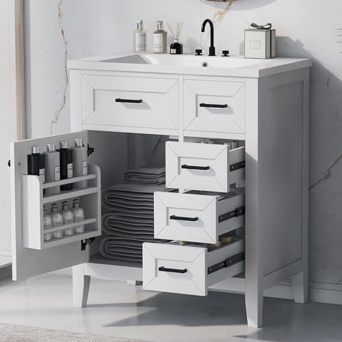 Image of Favfurish 30 inch Bathroom Vanity with Ceramic Sink,Undermount Single Basin Bath Vanity Set w /Soft-Close Door and 3 Drawers,Modern Freestanding Storage Cabinet,Solid Wood Frame,White