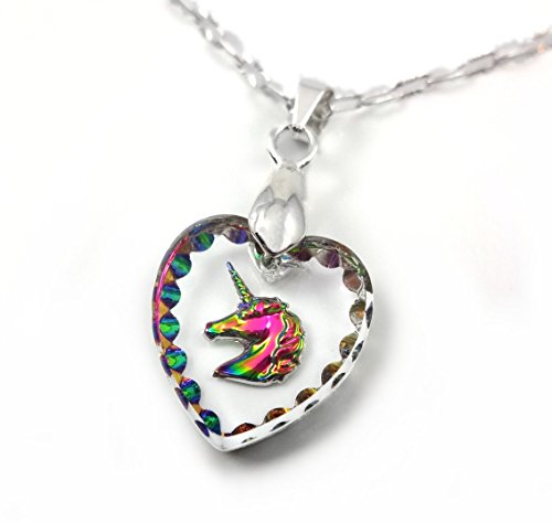 Rainbow Crystal Unicorn Heart Engraved Glass Pendant Necklace 18 inch Silver Chain, Adult Women's Jewelry2