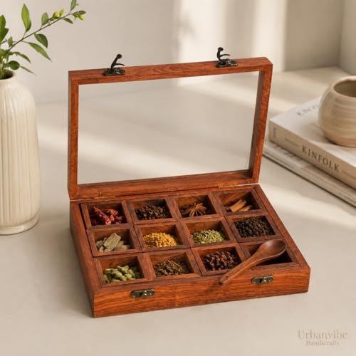 Image of Wooden Spice Box with 12 Removable Compartments|Handmade Masala Dabba for Kitchen Storage | Premium Wooden Spice Organizer with Transparent Glass Lid | Multipurpose Storage Box