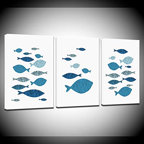 Peinture poisson bleu 3 pièces pour habiller un mur de salon vide et triste