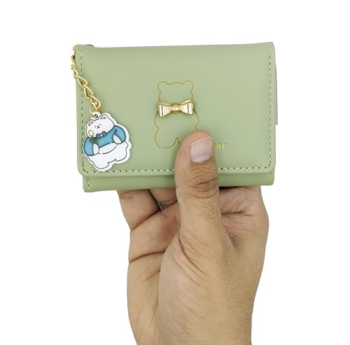Image of Valerie Floral Small Wallet for Girls Women Tri-Folded Wallet Cash Pocket Flowers PU Leather Print Card Holder Coin Purse with ID Window (Green)