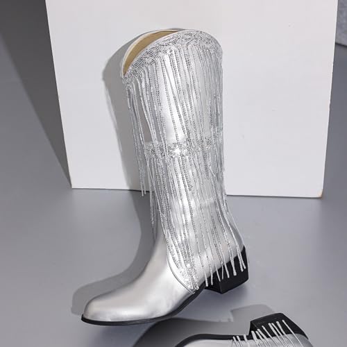 PAUVAODY Mode Kwast Cowboy Laarzen voor dames Metallic Cowgirl Mid-Calf Laarzen - Afbeelding 8