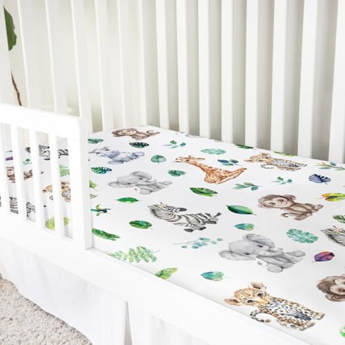 Image of Jungle Safari Animals Tropical Leaf Baby Crib Sheets 52''x28'' Leopard Elephant Giraffe Zebra Hippo Monkey Stretchy Fitted Crib Mattress Cover for Boy Girl Bed Sheet for Standard Crib Toddler Mattress