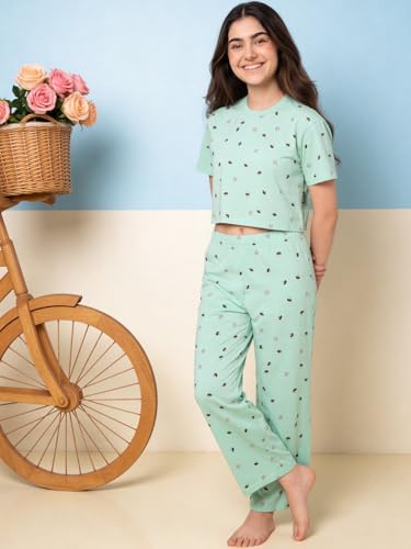 Image of Li'l Tomatoes Girls Cotton Night Suit Set | 100% Cotton Summer Co-Ord Set | Half Sleeve T-Shirt & Full Length Pajama | Soft & Breathable Printed Clothing Set | 9-16 Years