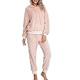 Polyester Yiyu Damen 2-teiliges Pyjama-Set Aus Fleece, Nachtwäsche, Plüsch, Warm, Sweatshirt, Kapuze, Langarm, Hose, Unterwäsche, Innen, Weich, Bequem, Herbst Winter x (Color : Pink, Size : L)