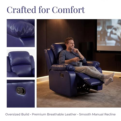 Image of Single Leather Manual Recliner Chair, Oversized Lazy Boy Recliner with Home Theater Seating, Breathable Living Room Reclining Chair for Adults Reading, Gaming, Relax, Dark Blue