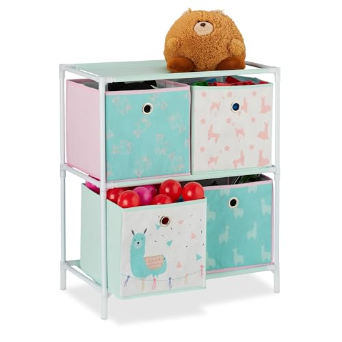 Relaxdays Scaffale per Giocattoli con 4 Scatole, per Bambini & Bambine Design-Lama Armadio HLP 62x53x30 cm, Multicolore, Vello, Ferro, plastica, 62 x 53 x 30 cm