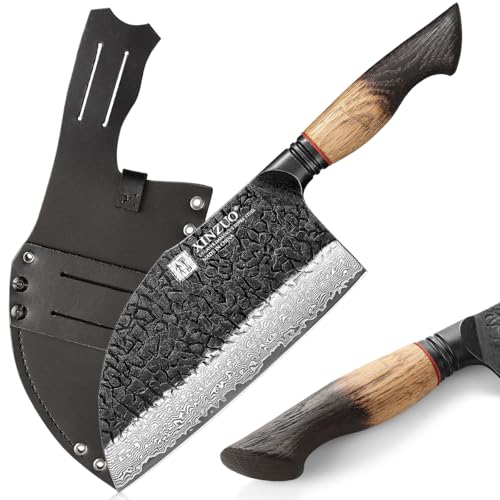 XINZUO 18,5cm Serbisches Metzgermesser Damaststahl Hackmesser -Profi Chinesisches Kochmesser Küchen Fleischerbeil Handgeschmiedet Hackbeil für Zuhause, Kochen im Freien, Camping -Griff aus Weißeiche